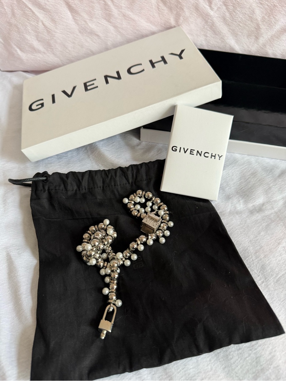 Givenchy Silver-Tone Faux Pearl Cluster Padlock Necklace Bracelet